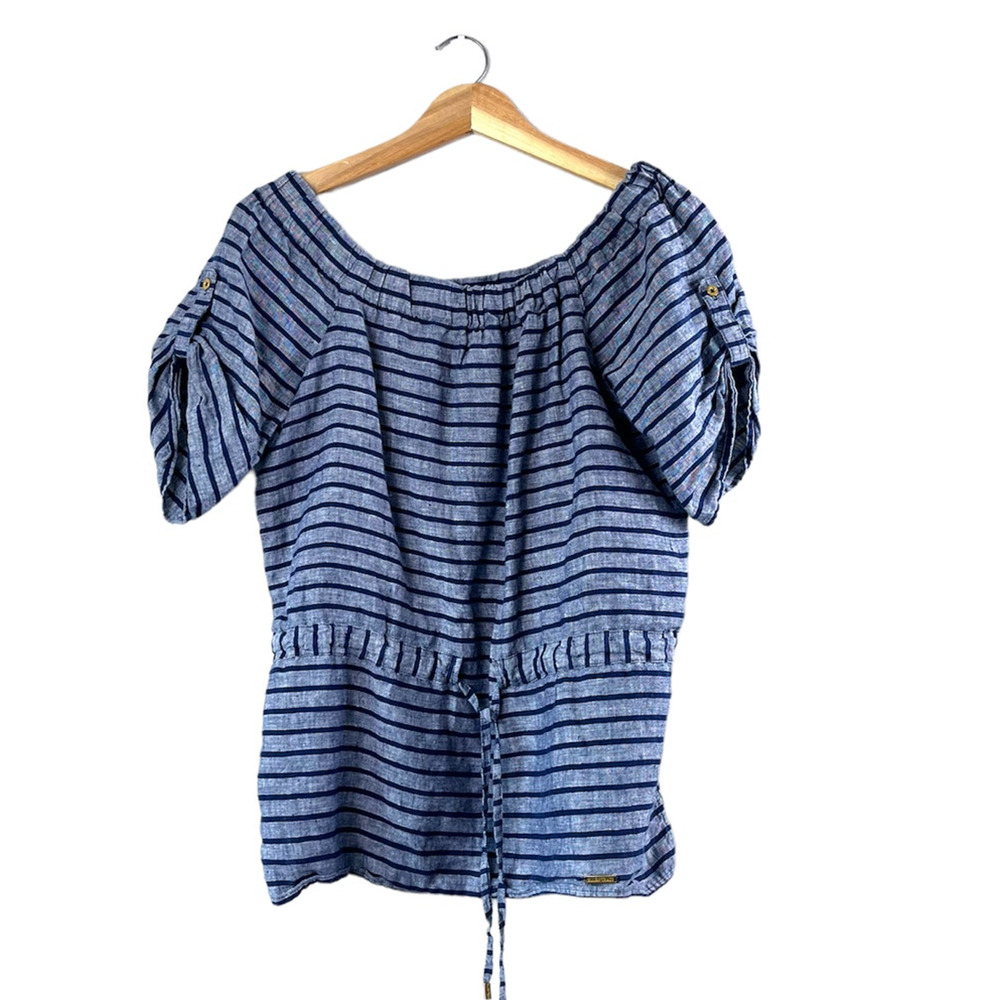 Women's Blue Striped Linen Ellen Tracy Blouse M